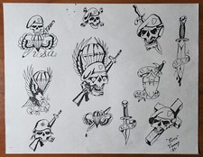 1987 Tatts Tommy Vintage Biker Style Tattoo Flash Sheet Skulls Army Ranger USA