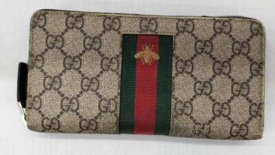 Auth GUCCI Bee print GG Supreme Zip Around Wallet Canvas 40883