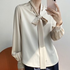 Lady Satin Shirt Blouse Tops Strap Long Sleeve Bow Casual Business Retro Summer