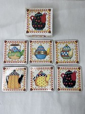 Boxed Mary Engelbreit 6 Colorful Cottage Teapot Coaster Set Country Whimsical