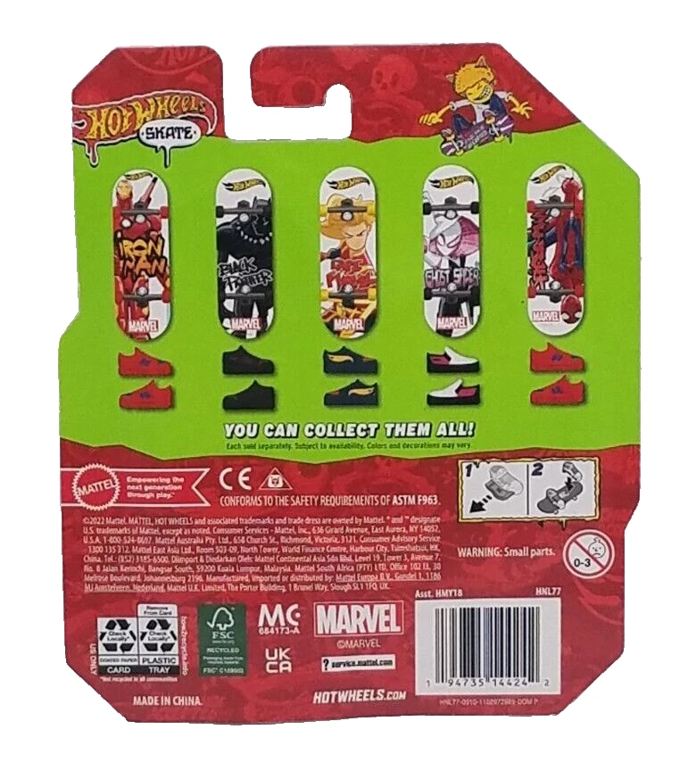 Marvel Hot Wheels error Finger Skateboard Spider-man card/Iron Man Skate Board - Image 2 of 2