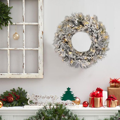 24in Pre-Lit Christmas Wreath Artificial Snow Flocked Garlands w/ 50 LED Lights - Picture 7 of 8