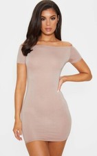 Brand New Pretty Little Thing Basic Bodycon Off The Shoulder Beige Dress SIze 12