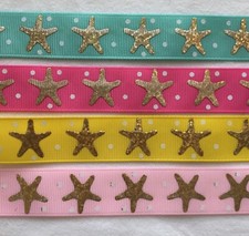 Gold foil stars on light or med pink or aqua or yellow grosgrain ribbon 7/8  