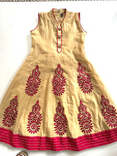 NEW Indian Traditional Silk Printed Embroidered Gold Gown Dress Girls 6 SZ 28