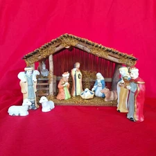 Vintage Porcelain Nativity Set 11 Figures Flocked Wood Manger Creche