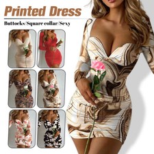 Sexy Retro Elegant Bodycon Dress LongSleeve Short Mini Evening Party Print Dress