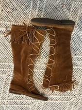 Minnetonka Knee High Suede Lace Up Fringe Moccasin Boots Women's 7