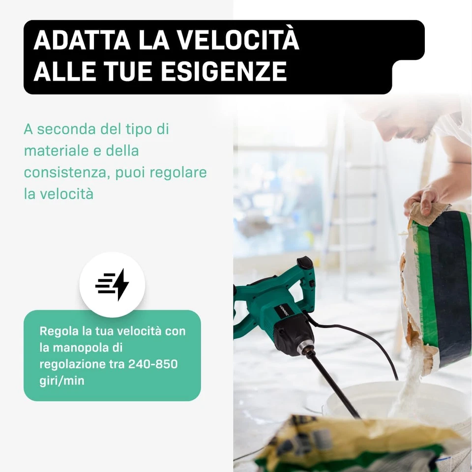 Miscelatore Cemento E Malta 1200W. Include Frusta Da 120X600Mm. Velocità Variabi - Immagine 2 di 4