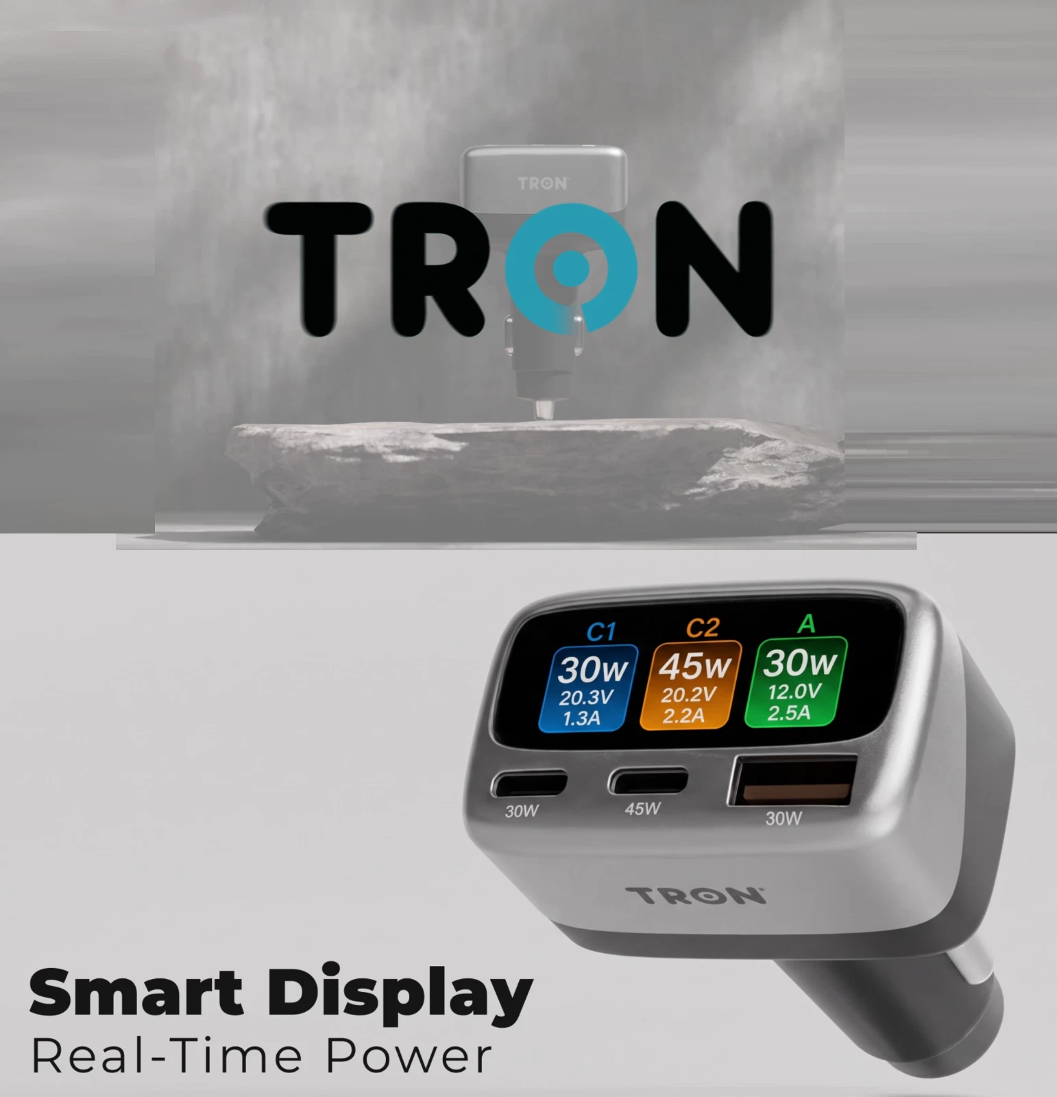 TRON 105W 3-Port Car Charger with Smart TFT Display, USB-C & USB-A Fast Charging - product detail image 7