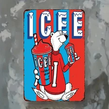 Vintage ICEE Frozen Drink Polar Bear Beverage Tin Metal Signs Home Décor 8x12 
