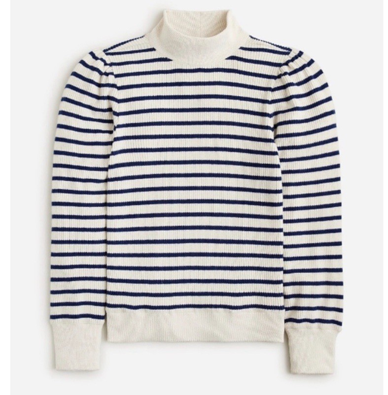 J. CREW Brushed Rib Puff-Sleeve Mockneck Sweater Stripe Navy Ivory Sz L