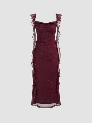 cowl neck solid sequin ruffle hem maxi dress Cowl Neck Solid Glitter Ruffle Hem Maxi Dress