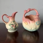 Hull Art Pottery Wildflower Basket Vase B-25 6½” Pink Blue Green And Pitcher W-2