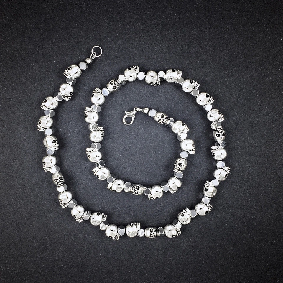 💀 24 英寸银色头骨和赤铁矿串珠项链链手工制作男士珠宝首饰 — 第 4/4 张图片