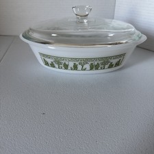 Vintage Glasbake White & Green Grecian Pattern Casserole Baking Dish W/Lid 60-80
