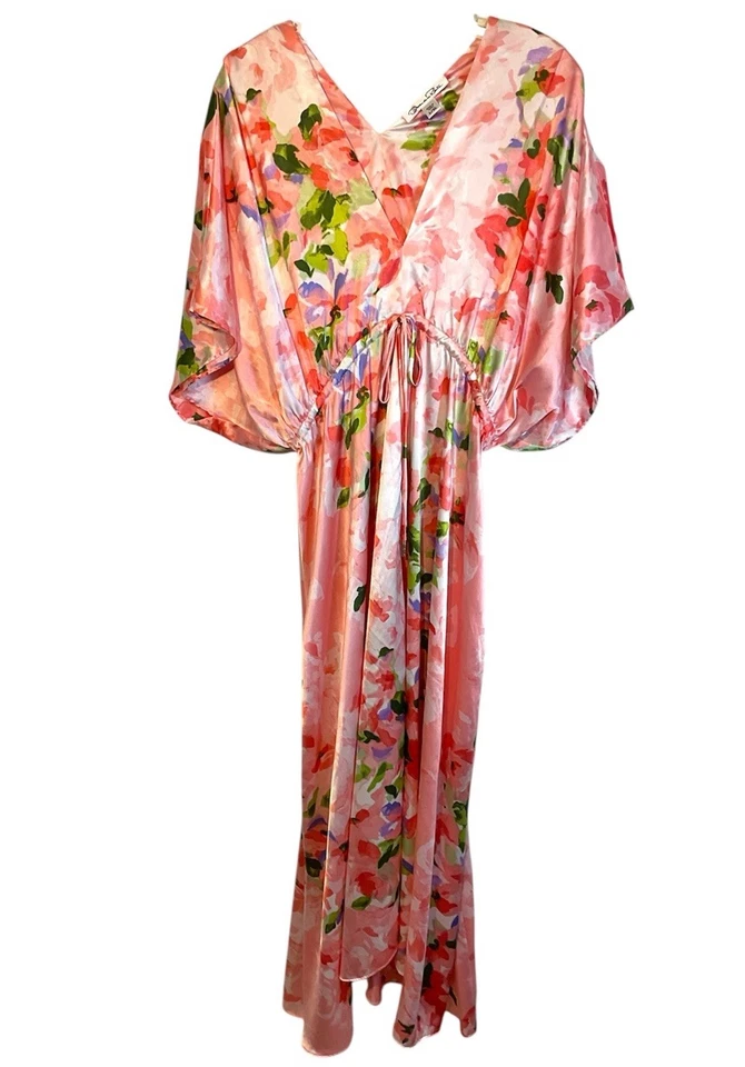 OSCAR DE LA RENTA Ladies Dress L XL Satin Pink Floral Nightgown Maxi Kaftan - Image 2 of 4