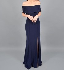  249 Xscape Women's Navy Blue Off The Shoulder Rhinestone Gown Dress Size 10
