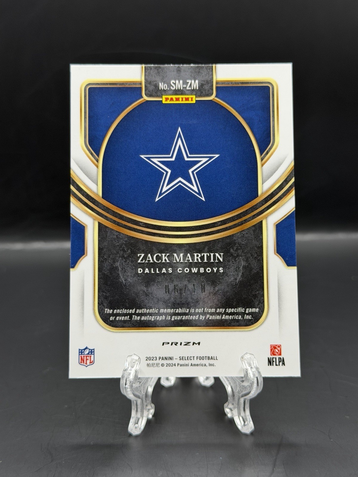 Zack Martin 2023 Panini Select Gold Patch Auto /10 Prizm Dallas Cowboys #SM-ZM view 2