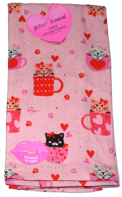 NEW Betsey Johnson 2 Pk 18''x28'' Kitchen Towels Heart Hearts Cat Kitten Love XOX