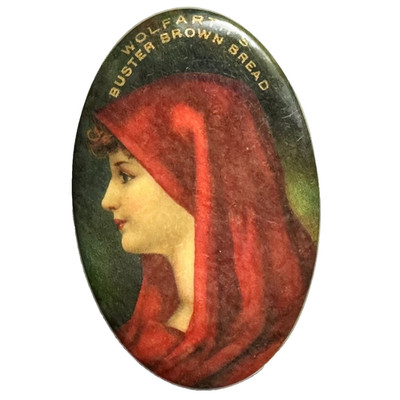 Wolfarth's Buster Brown Bread Woman in Red Scarf 2.75'' Oval Celluloid Mirror