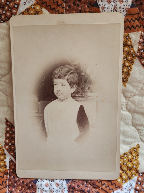 Vintage Cabinet Card Photo of a Young Boy in a Smock 1800s
