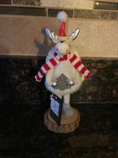 Deer Christmas Ornament 8 Tall Natural Wood Base White Faux Fur Body Scarf