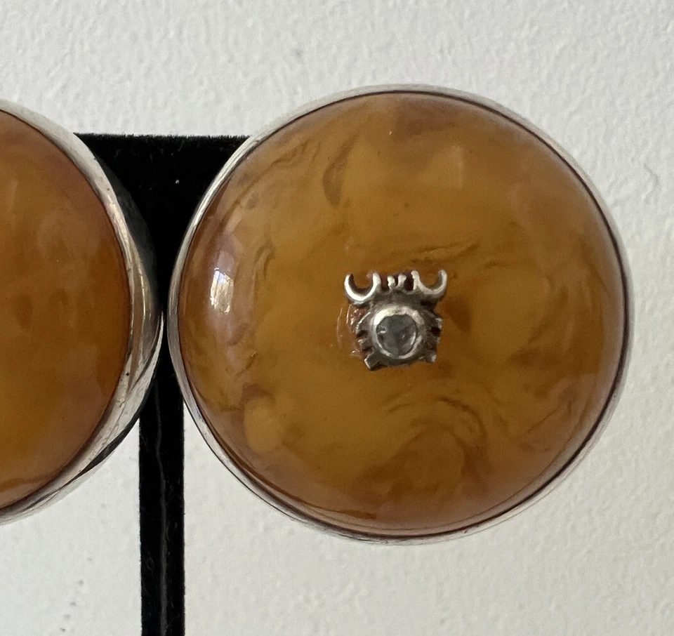 Pendientes de clip circulares ámbar de plata de ley 925 Foto 3 de 4