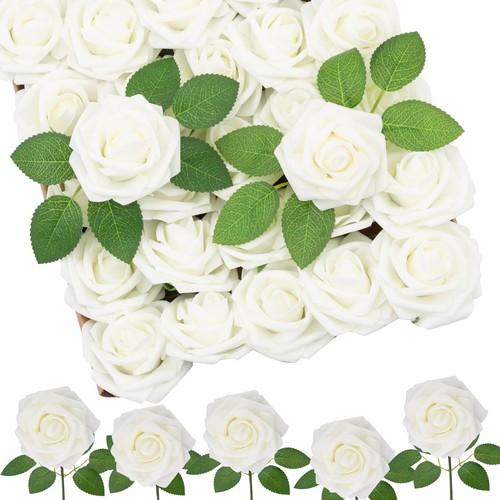 100Pcs White Artificial Roses Faux Flowers Bulk with Stems Foam Fake ...