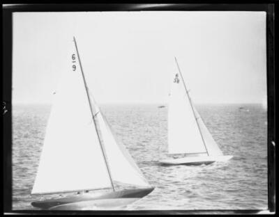 Two Sailboats On Ocean With Numbered Sails Showing Small Ship In B - Old Photo