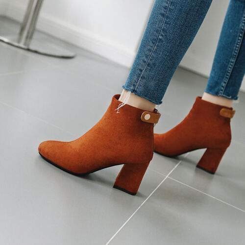 Women's Block Heel Round Square Toe Shoes Suede Fabric Ankle Boots AU Size 2~12 - Picture 27 of 30