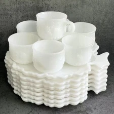 Milk Glass Tree of Life Snack Plates w/Cups Lot of 7 Set Hazel Atlas 1930s 14-pc