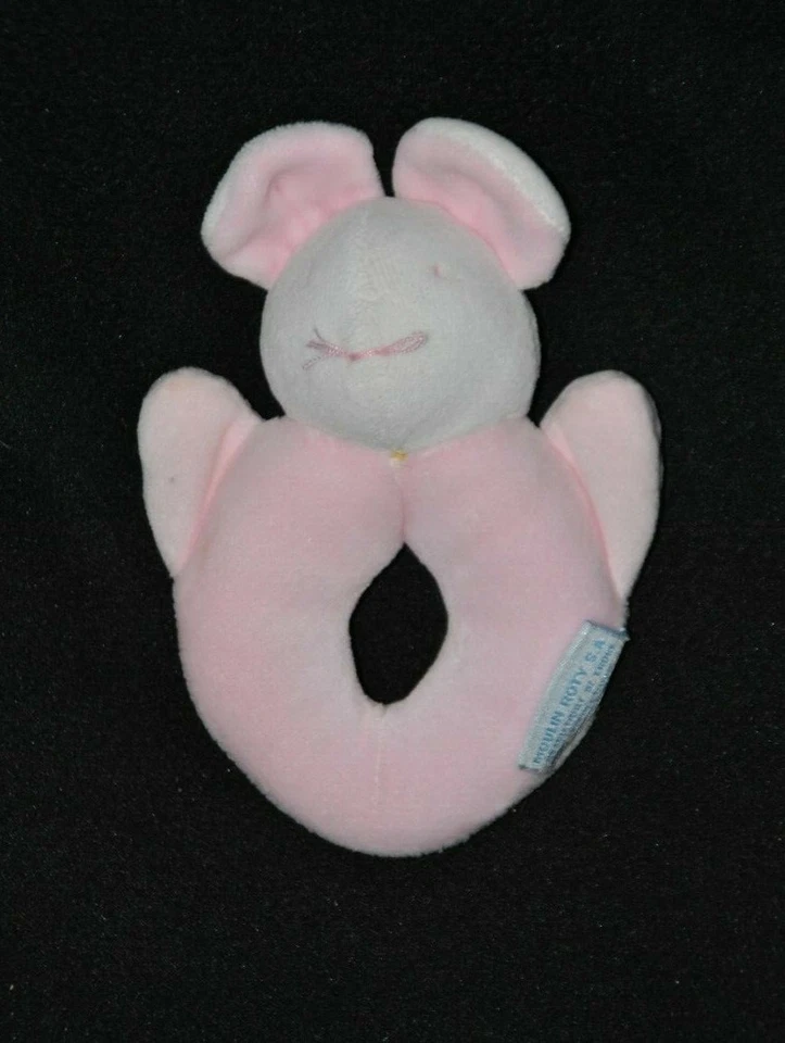 Peluche doudou souris rose blanc MOULIN ROTY Vite un câlin hochet grelot TTBE - Photo 1/1
