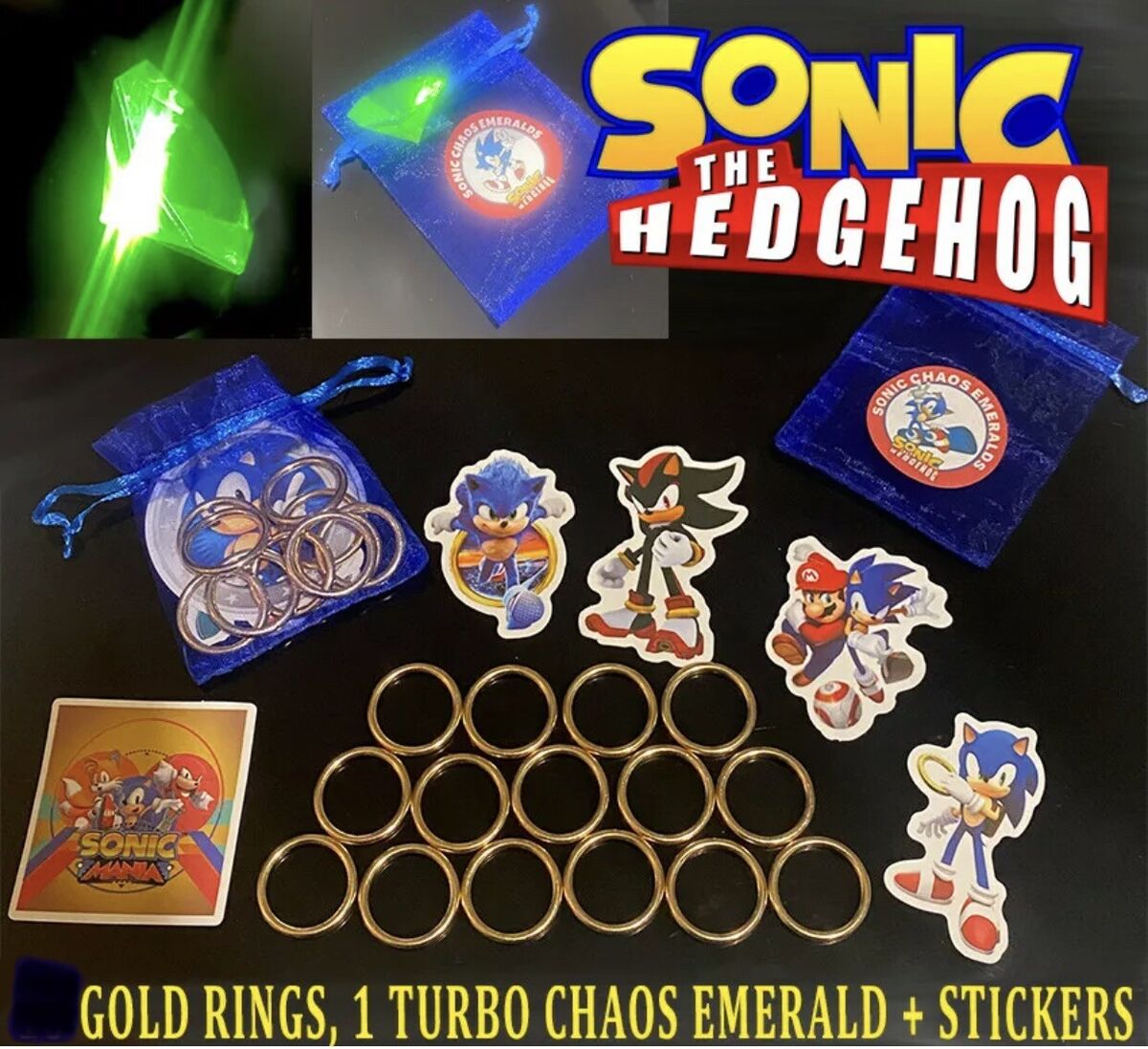 SONIC THE HEDGEHOG MASTER CHAOS EMERALD 20 GOLD RINGS &5 OFFICIAL