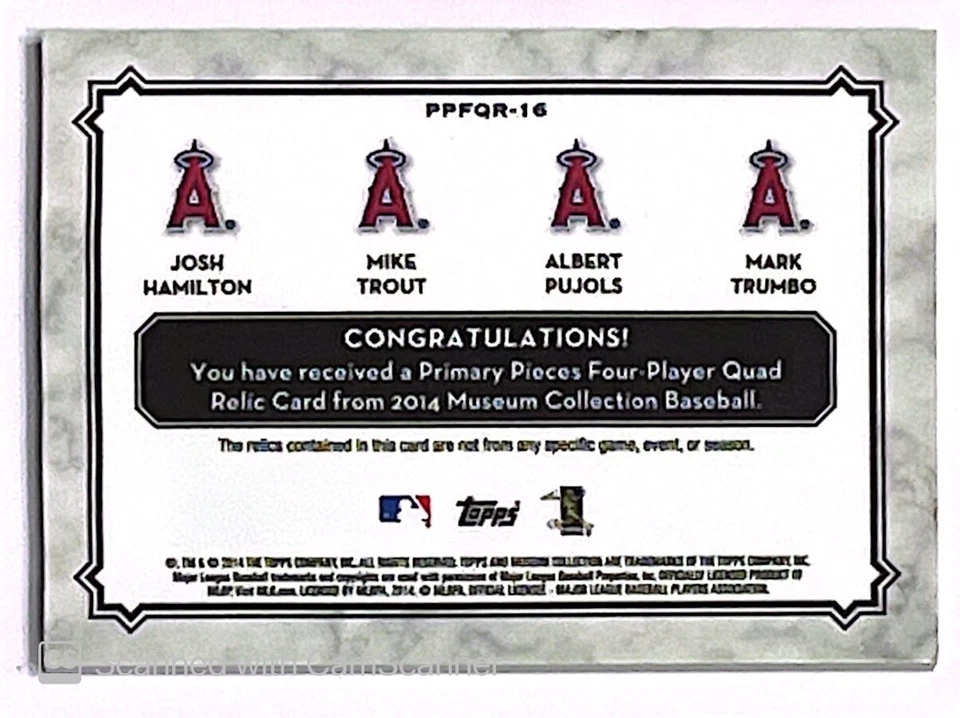 2014 TOPPS MUSEUM COLLECTION PRIMARY PIECES TROUT/PUJOLS/HAMILTON/TRUMBO - Image 2 of 2