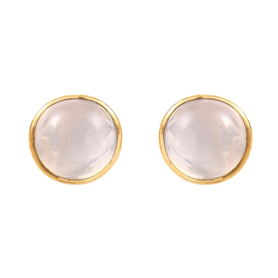 Natural Round Cabochon Moonstone Earrings in 18k Solid Yellow Gold For Women - Image 2 of 4