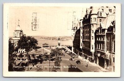 c1945 RPPC Chateau Frontenac & Place D'Armes Square Quebec City Canada Postcard