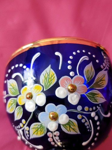 8 Piece Blue Red Gold Enamel Floral Embellished Brandy Snifters Cordial Glasses - Picture 8 of 12