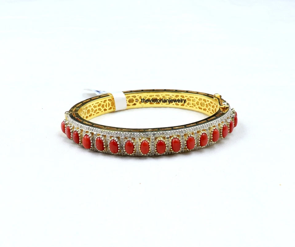Coral Single Cut Diamond 925 Sterling Silver Unique Bangle For Engagement Gift - Image 4 of 4