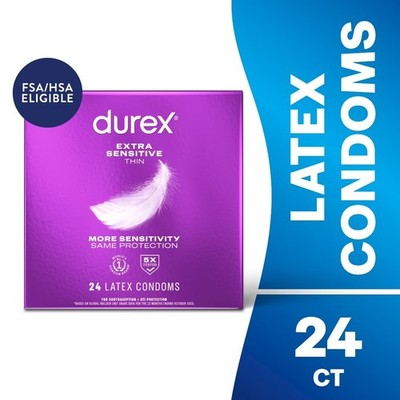 Extra Sensitive Thin Condoms for Men, Lubricated Latex Rubber, 24 Count, FSA HSA