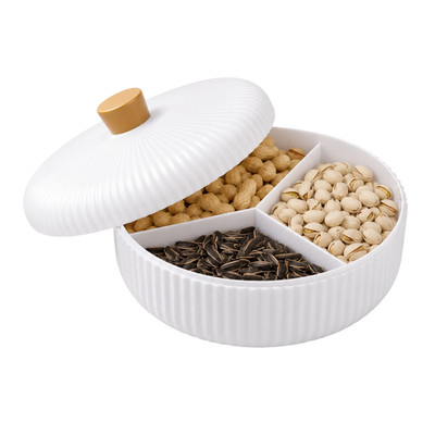 3-Section Candy Dish with Lid Fruit Nut Snack Tray Gold Handle White