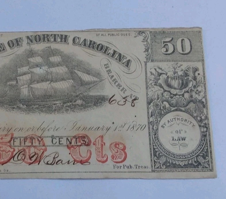 1864-State of North Carolina-Fifty Cents Civil Era Currency Crisp Uncirculated - Image 2 of 4