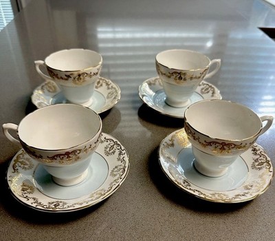 Royal Sutherland Blue Gold Bone China Tea Cup & Saucer Set of 4 England Vintage