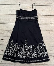 Ann Taylor Black Cotton Sleeveless Babydoll Midi Womens Sz 2 Floral Embroidered