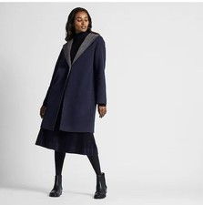 Uniqlo Double Face Wool Coat Womens Size M-L Navy Blue Jacket Hooded Button