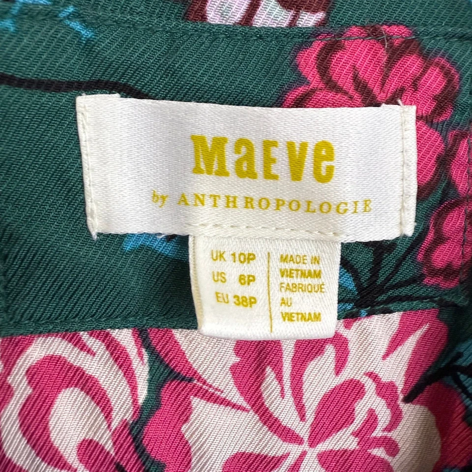 Maeve Anthropologie Green Floral Bird Button Ruched Midi Dress WOMEN 6 PETITE - Image 4 of 4