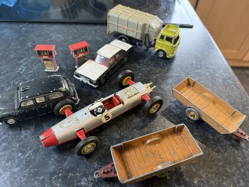 Vintage Dinky Diecast set:  Black Taxi , Plymouth Fury , Refuse Truck , Trailers