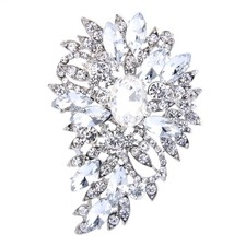 Women's Austrian Crystal Wedding Flower Leaf Bouquet Brooch Clear Silver-Plated-