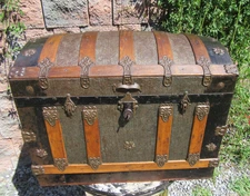 Antique Fitted Embossed Tin Dome Top Humpback Steamer Travel Trunk Chest