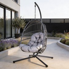 Hanging Egg Chair Rattan Black Waterproof Dark Grey Cushion Garden Outdoor Seat